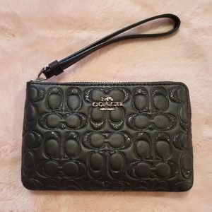 Coach Black Glitter Corner Zip Wristlet Signature Leather